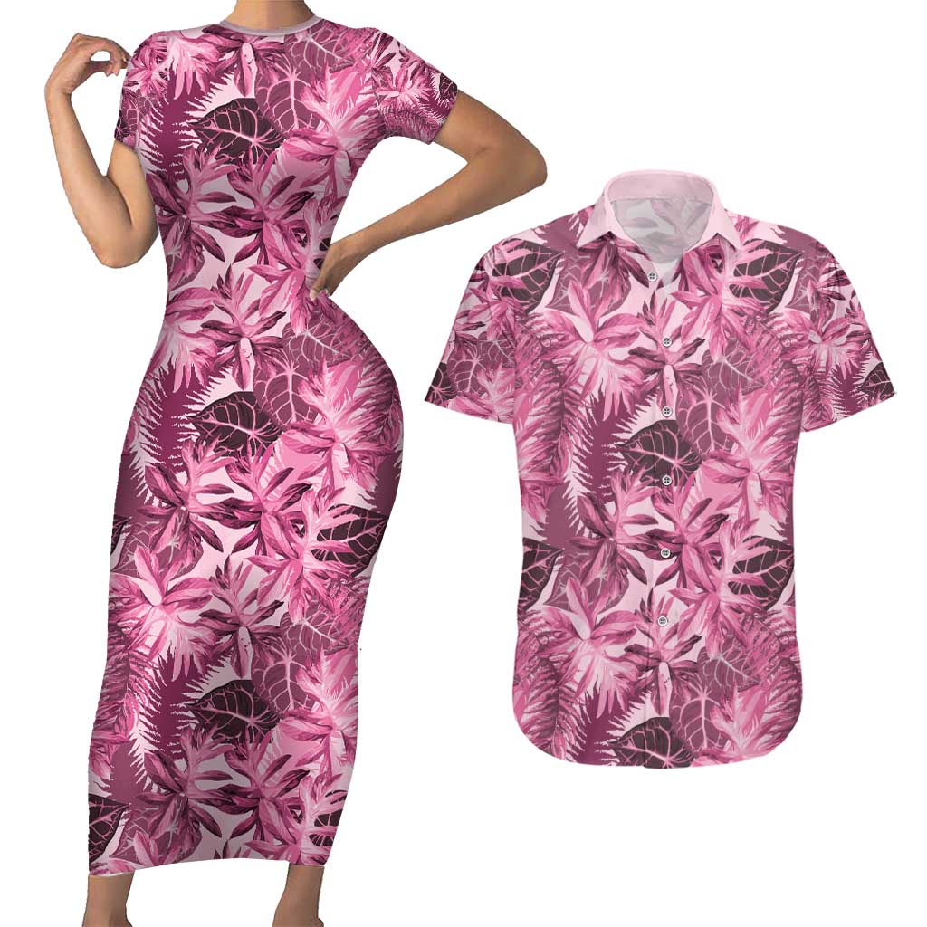 Hawaii Pink Tropical Leaves Couples Matching Short Sleeve Bodycon Dress and Hawaiian Shirt LT01 Pink - Polynesian Pride