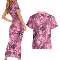 Hawaii Pink Tropical Leaves Couples Matching Short Sleeve Bodycon Dress and Hawaiian Shirt LT01 - Polynesian Pride