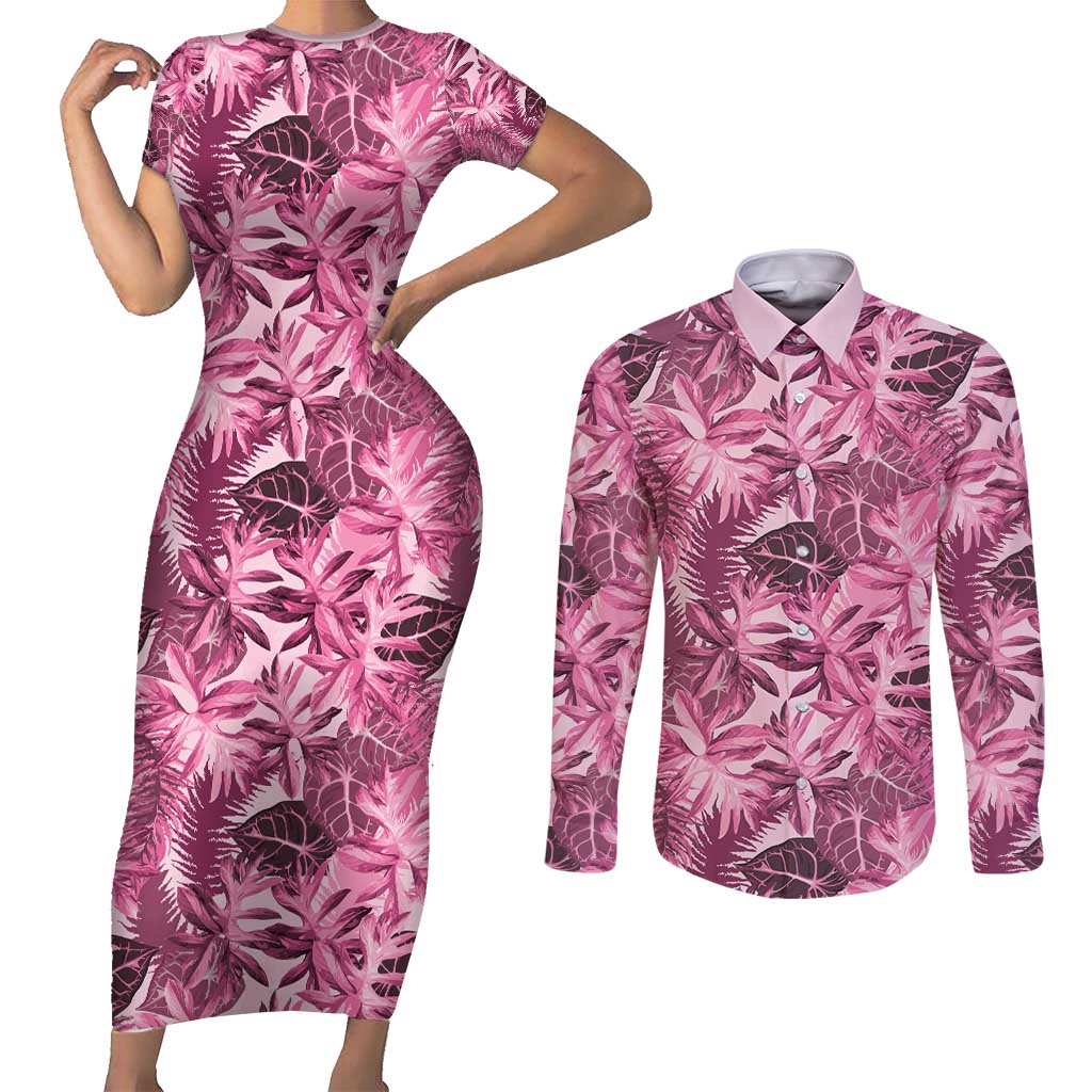 Hawaii Pink Tropical Leaves Couples Matching Short Sleeve Bodycon Dress and Long Sleeve Button Shirt LT01 Pink - Polynesian Pride