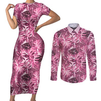 Hawaii Pink Tropical Leaves Couples Matching Short Sleeve Bodycon Dress and Long Sleeve Button Shirt LT01 Pink - Polynesian Pride