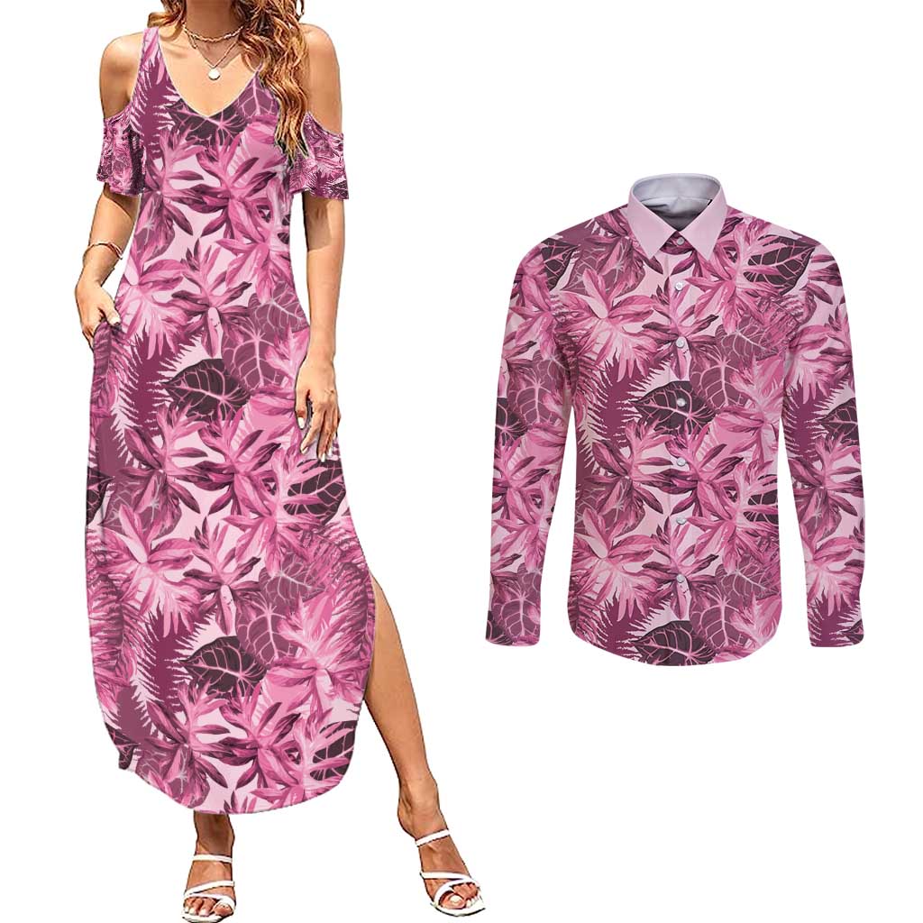 Hawaii Pink Tropical Leaves Couples Matching Summer Maxi Dress and Long Sleeve Button Shirt LT01 Pink - Polynesian Pride