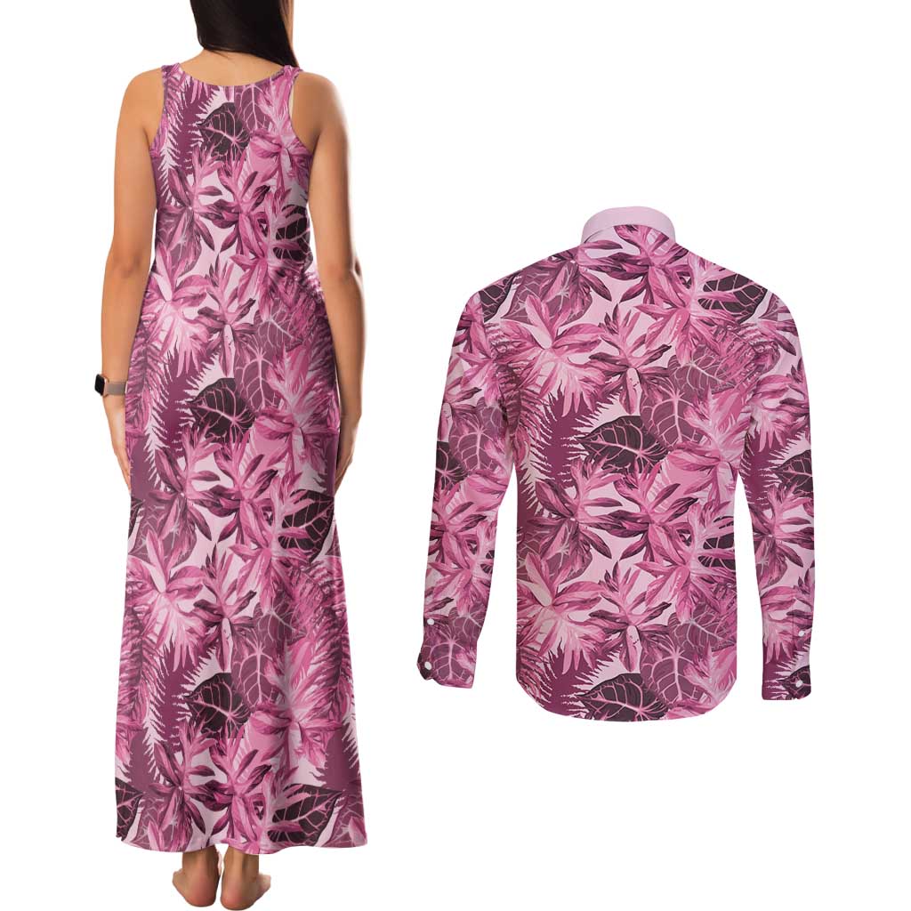 Hawaii Pink Tropical Leaves Couples Matching Tank Maxi Dress and Long Sleeve Button Shirt LT01 - Polynesian Pride