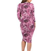 Hawaii Pink Tropical Leaves Family Matching Long Sleeve Bodycon Dress and Hawaiian Shirt - Polynesian Pride