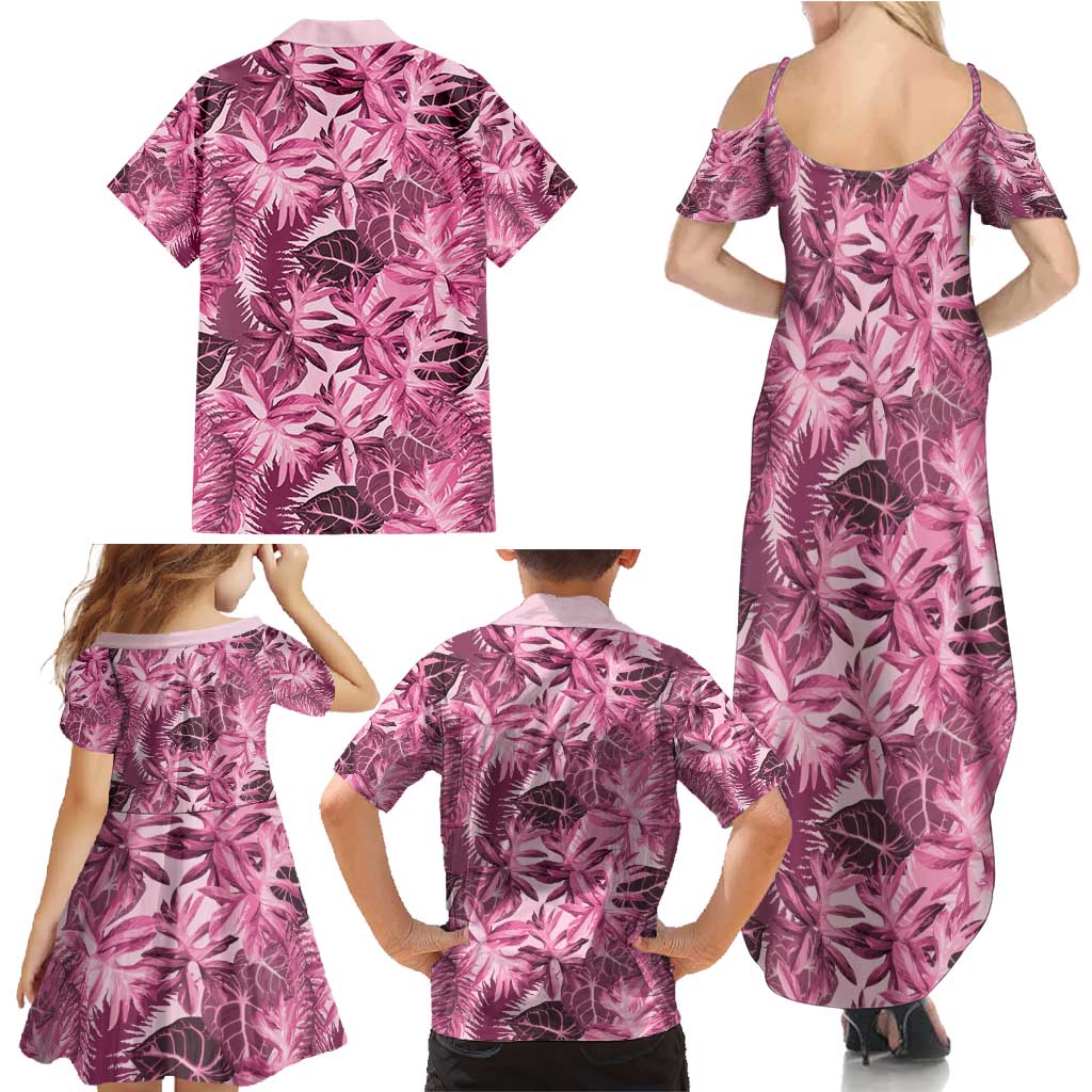 Hawaii Pink Tropical Leaves Family Matching Summer Maxi Dress and Hawaiian Shirt - Polynesian Pride
