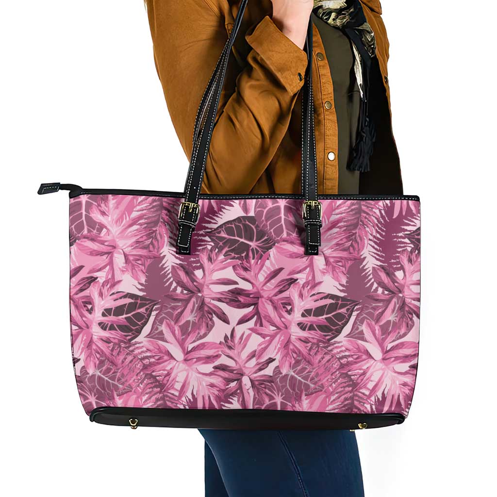 Hawaii Pink Tropical Leaves Leather Tote Bag - Polynesian Pride