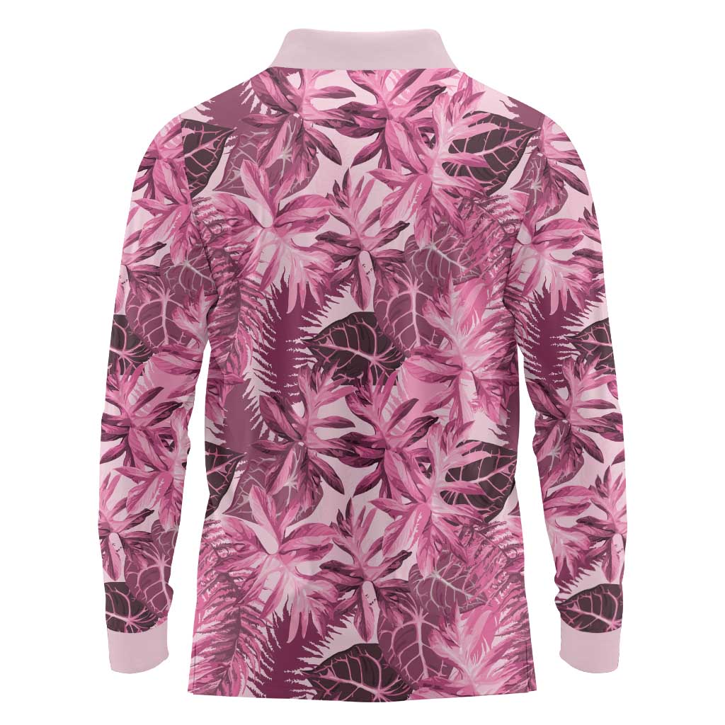 Hawaii Pink Tropical Leaves Long Sleeve Polo Shirt LT01 - Polynesian Pride