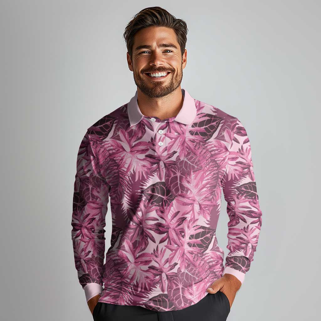 Hawaii Pink Tropical Leaves Long Sleeve Polo Shirt LT01 - Polynesian Pride