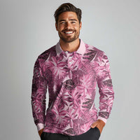 Hawaii Pink Tropical Leaves Long Sleeve Polo Shirt LT01 - Polynesian Pride