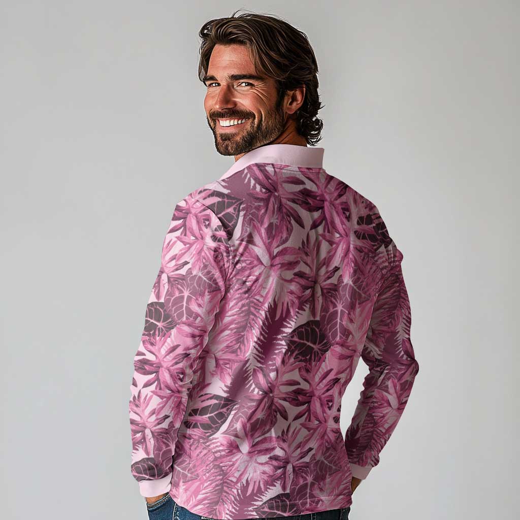 Hawaii Pink Tropical Leaves Long Sleeve Polo Shirt LT01 - Polynesian Pride