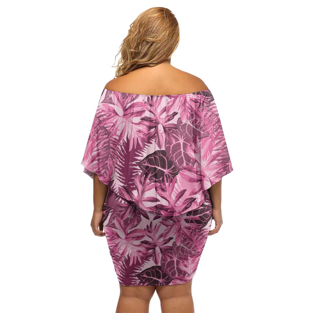 Hawaii Pink Tropical Leaves Off Shoulder Short Dress - Polynesian Pride