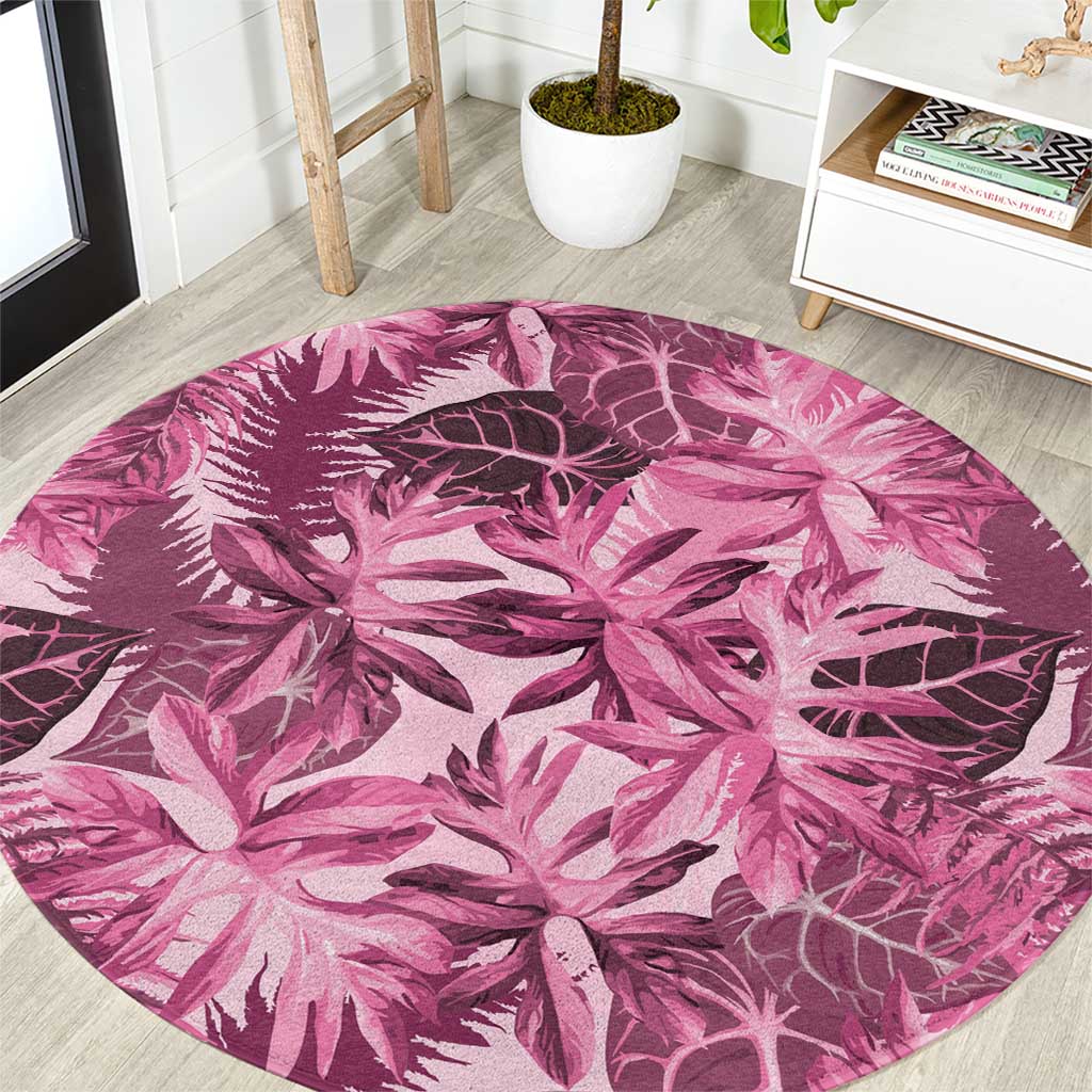 Hawaii Pink Tropical Leaves Round Carpet - Polynesian Pride