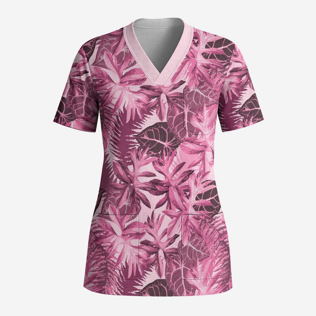 Hawaii Pink Tropical Leaves Scrub Top - Polynesian Pride