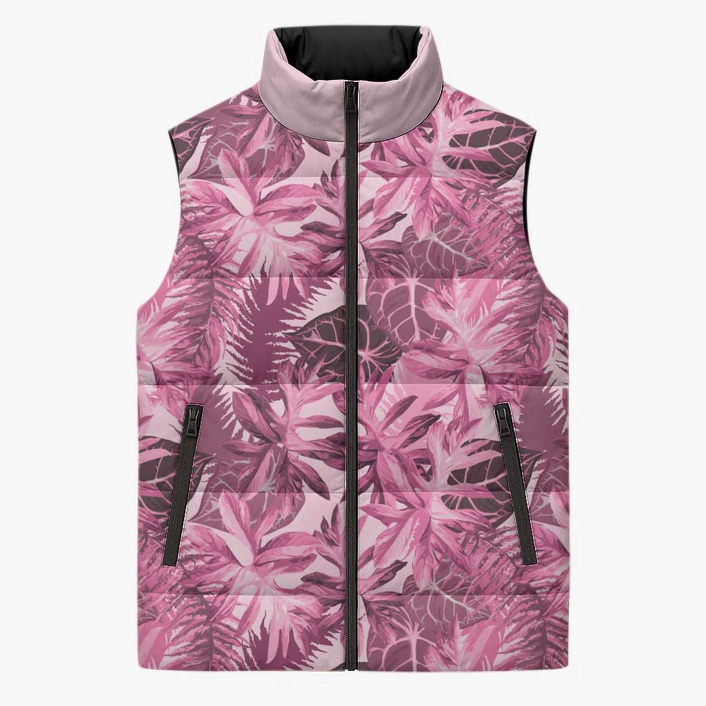 Hawaii Pink Tropical Leaves Sleeveless Puffer Jacket - Polynesian Pride