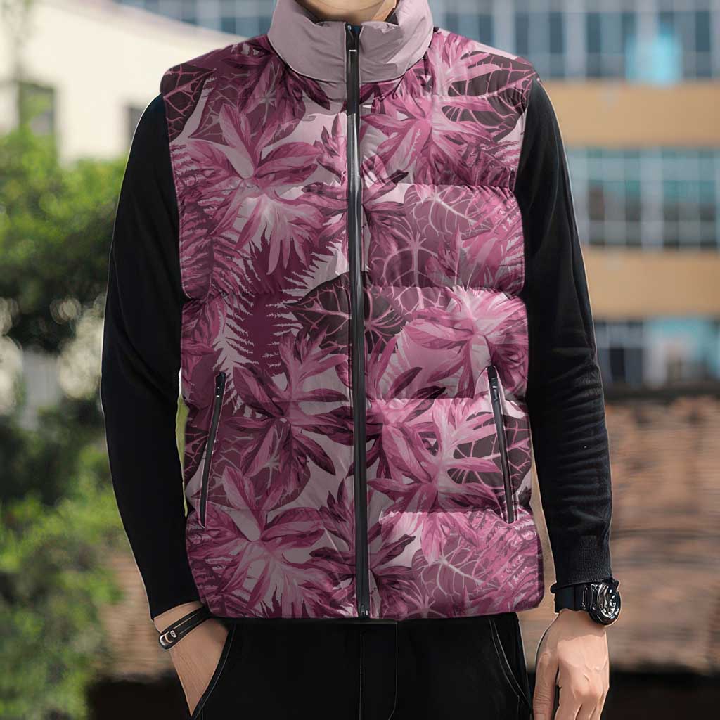 Hawaii Pink Tropical Leaves Sleeveless Puffer Jacket - Polynesian Pride