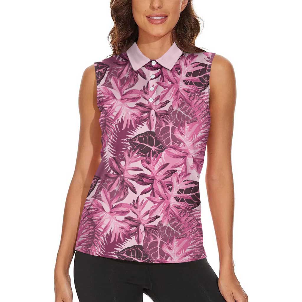 Hawaii Pink Tropical Leaves Women Sleeveless Polo Shirt LT01 - Polynesian Pride