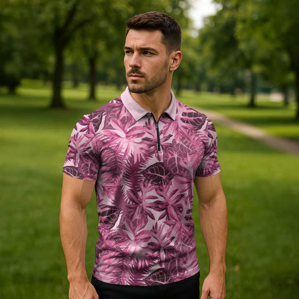 Hawaii Pink Tropical Leaves Zipper Polo Shirt - Polynesian Pride