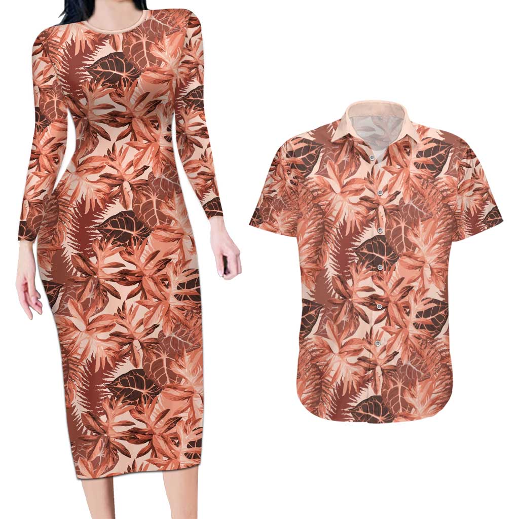 Hawaii Red Brown Tropical Leaves Couples Matching Long Sleeve Bodycon Dress and Hawaiian Shirt LT01 Brown - Polynesian Pride