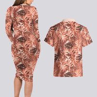 Hawaii Red Brown Tropical Leaves Couples Matching Long Sleeve Bodycon Dress and Hawaiian Shirt LT01 - Polynesian Pride