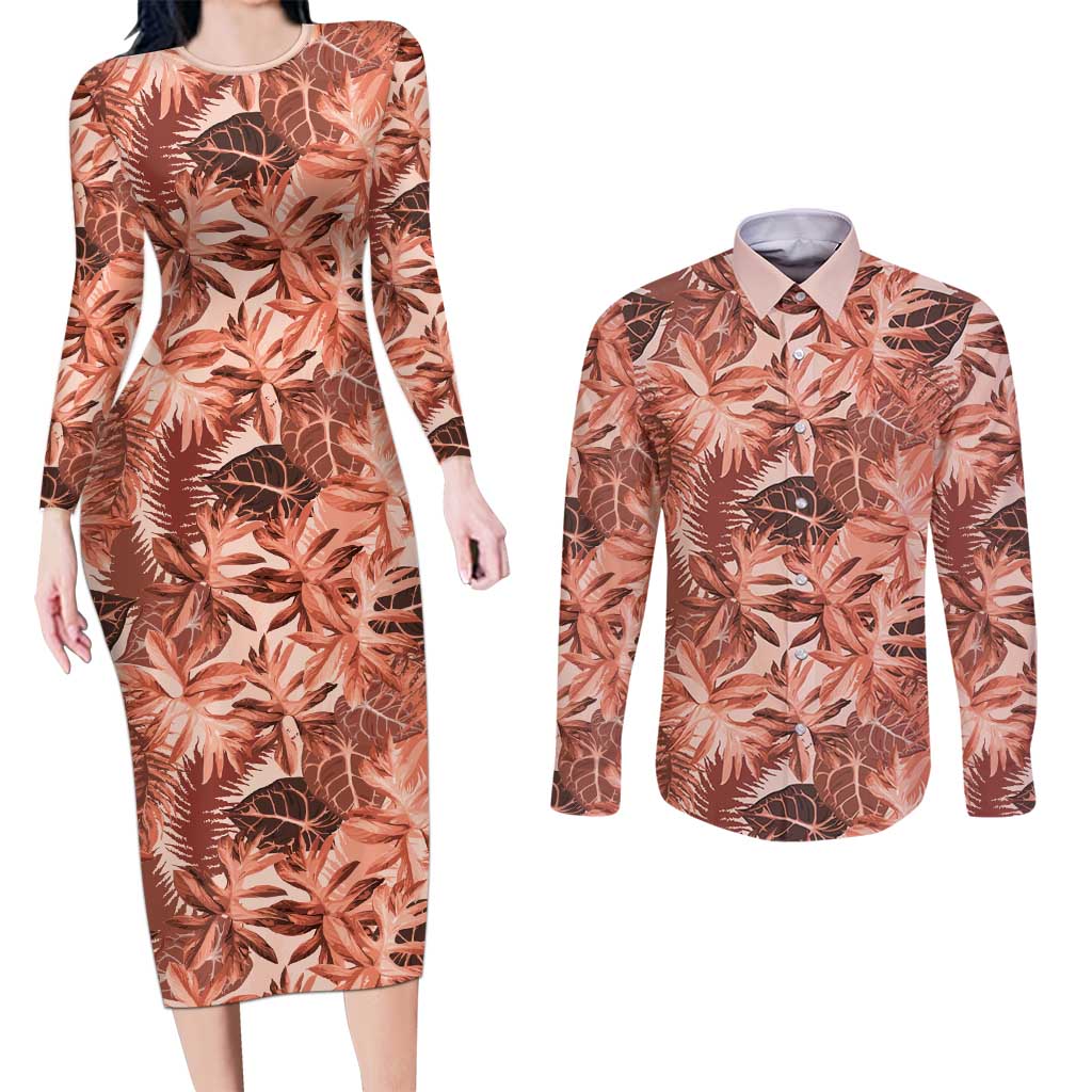 Hawaii Red Brown Tropical Leaves Couples Matching Long Sleeve Bodycon Dress and Long Sleeve Button Shirt LT01 Brown - Polynesian Pride