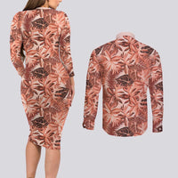 Hawaii Red Brown Tropical Leaves Couples Matching Long Sleeve Bodycon Dress and Long Sleeve Button Shirt LT01 - Polynesian Pride