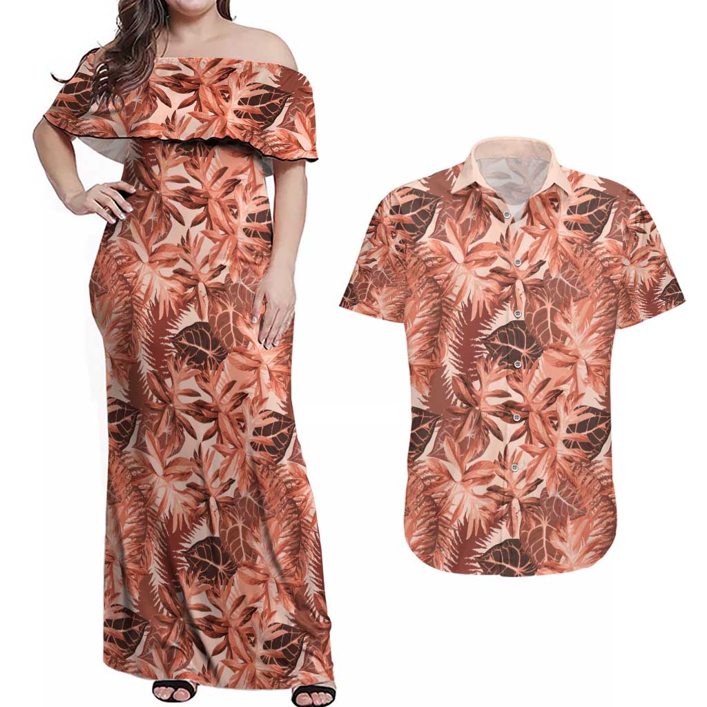 Hawaii Red Brown Tropical Leaves Couples Matching Off Shoulder Maxi Dress and Hawaiian Shirt LT01 Brown - Polynesian Pride
