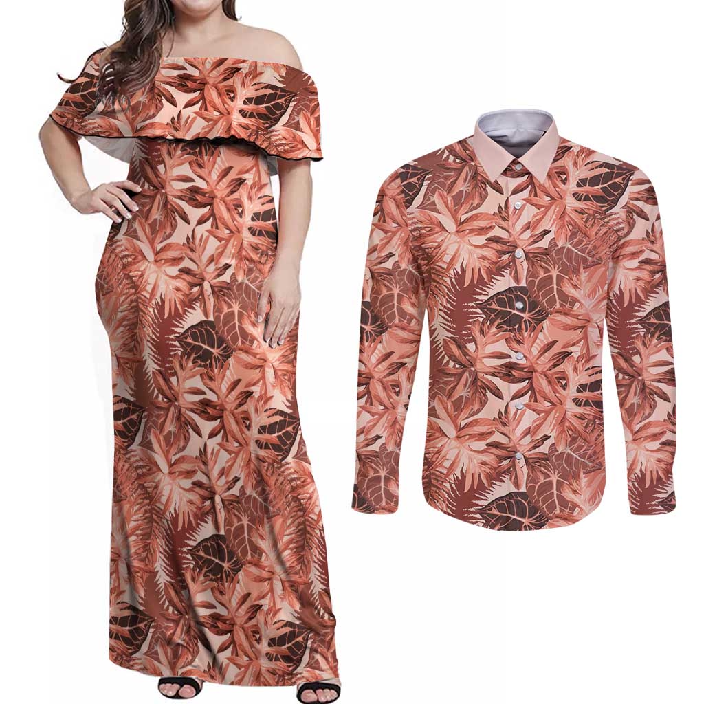 Hawaii Red Brown Tropical Leaves Couples Matching Off Shoulder Maxi Dress and Long Sleeve Button Shirt LT01 Brown - Polynesian Pride