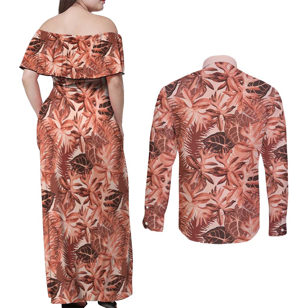 Hawaii Red Brown Tropical Leaves Couples Matching Off Shoulder Maxi Dress and Long Sleeve Button Shirt LT01 - Polynesian Pride