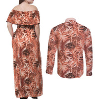 Hawaii Red Brown Tropical Leaves Couples Matching Off Shoulder Maxi Dress and Long Sleeve Button Shirt LT01 - Polynesian Pride