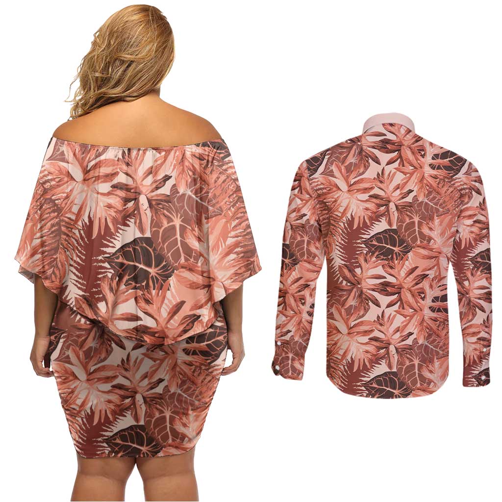 Hawaii Red Brown Tropical Leaves Couples Matching Off Shoulder Short Dress and Long Sleeve Button Shirt LT01 - Polynesian Pride