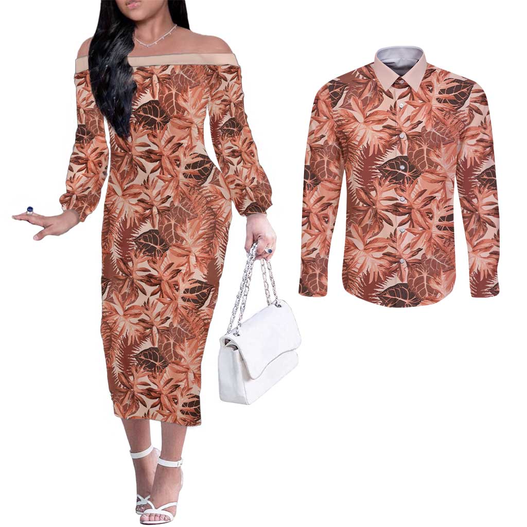 Hawaii Red Brown Tropical Leaves Couples Matching Off The Shoulder Long Sleeve Dress and Long Sleeve Button Shirt LT01 Brown - Polynesian Pride