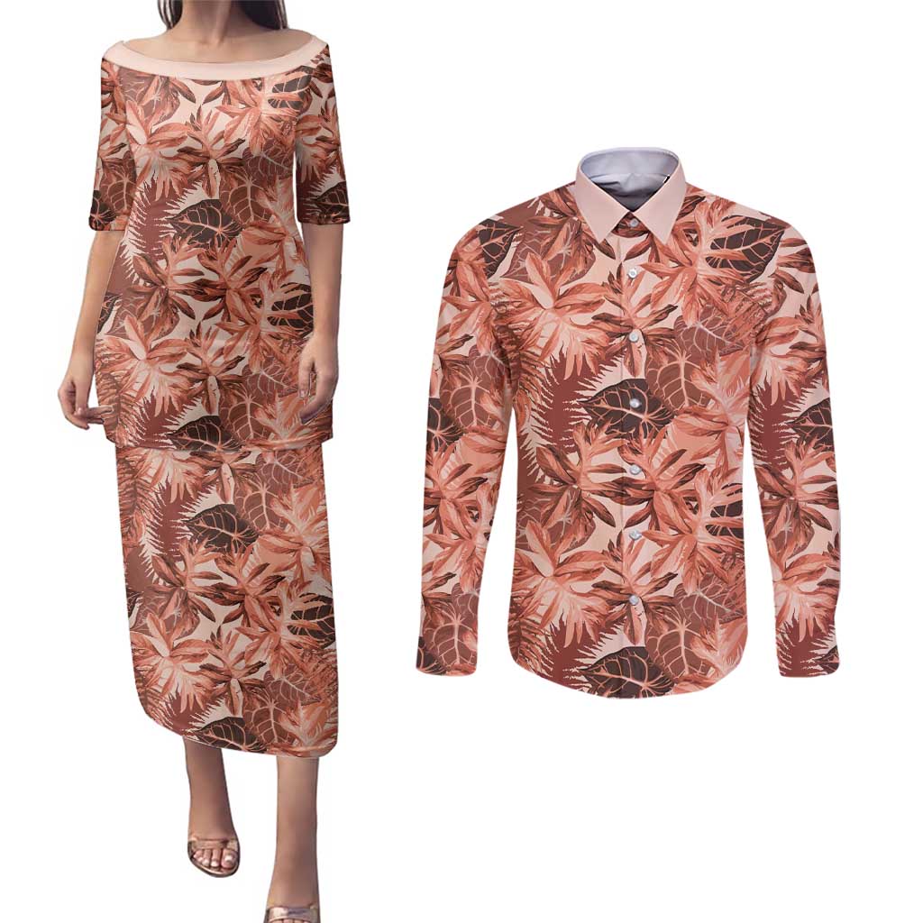 Hawaii Red Brown Tropical Leaves Couples Matching Puletasi and Long Sleeve Button Shirt - Polynesian Pride
