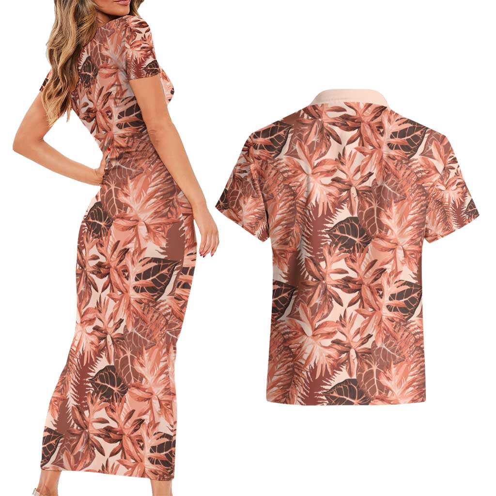 Hawaii Red Brown Tropical Leaves Couples Matching Short Sleeve Bodycon Dress and Hawaiian Shirt LT01 - Polynesian Pride