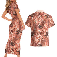 Hawaii Red Brown Tropical Leaves Couples Matching Short Sleeve Bodycon Dress and Hawaiian Shirt LT01 - Polynesian Pride