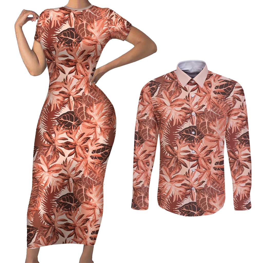 Hawaii Red Brown Tropical Leaves Couples Matching Short Sleeve Bodycon Dress and Long Sleeve Button Shirt LT01 Brown - Polynesian Pride