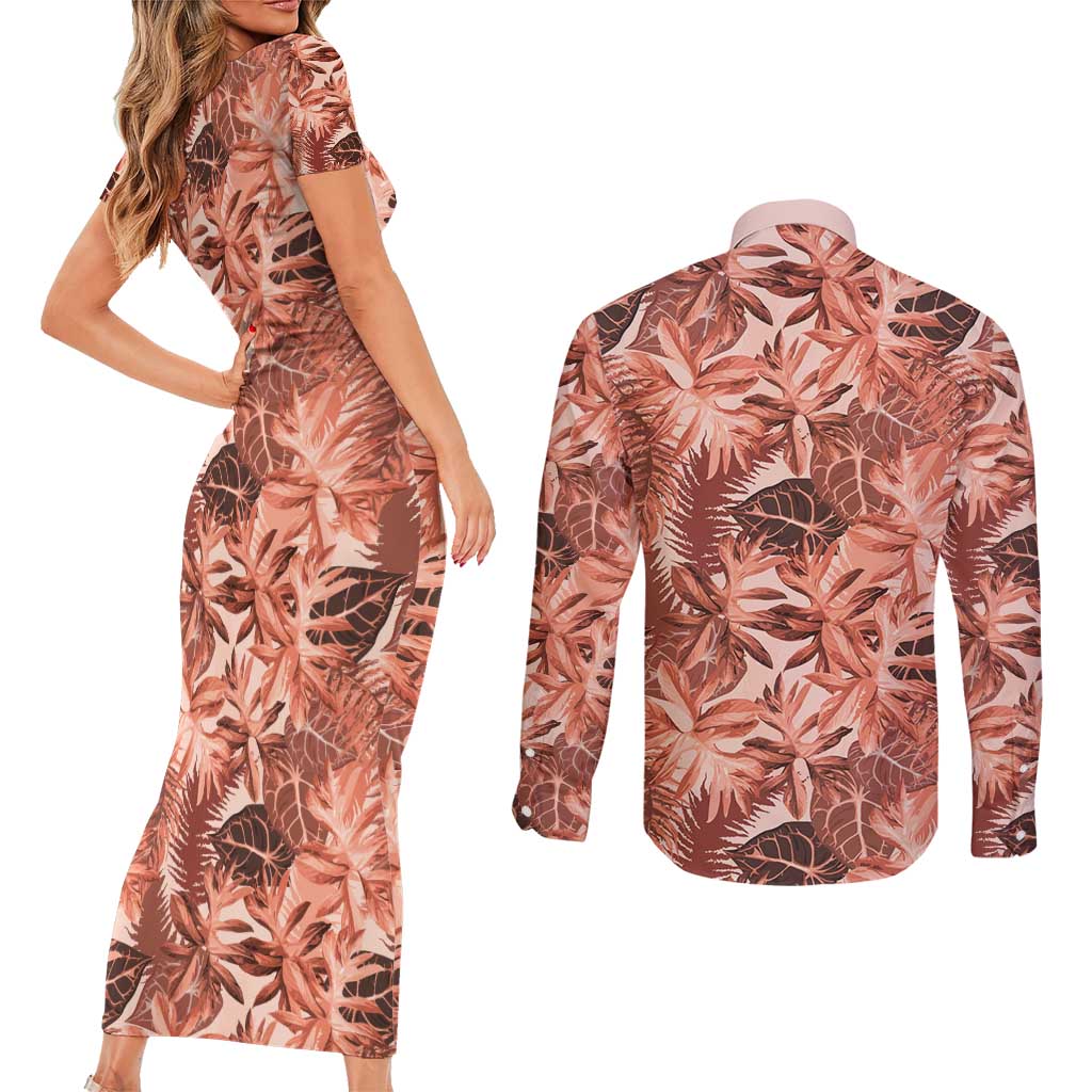 Hawaii Red Brown Tropical Leaves Couples Matching Short Sleeve Bodycon Dress and Long Sleeve Button Shirt LT01 - Polynesian Pride