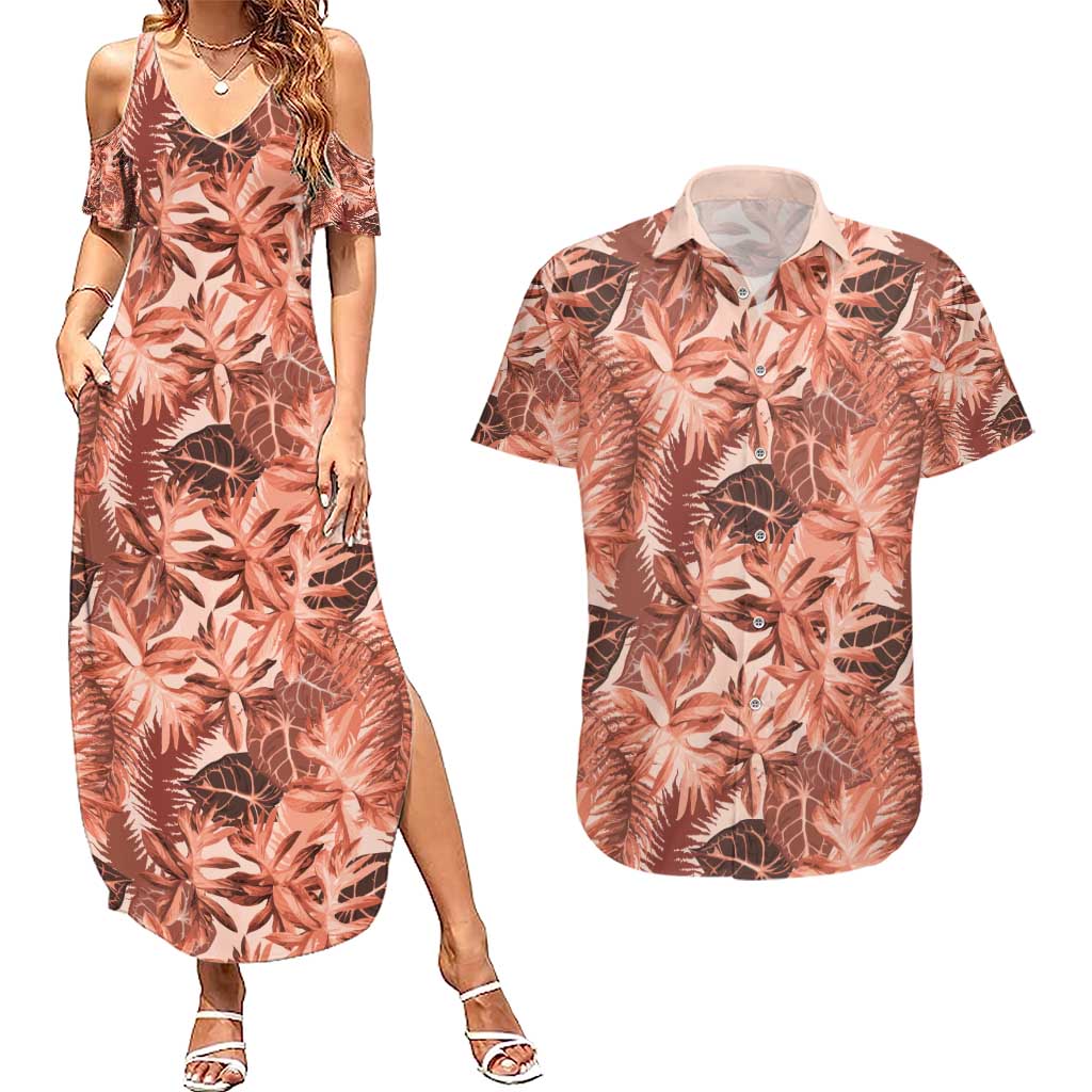 Hawaii Red Brown Tropical Leaves Couples Matching Summer Maxi Dress and Hawaiian Shirt LT01 Brown - Polynesian Pride