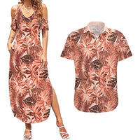 Hawaii Red Brown Tropical Leaves Couples Matching Summer Maxi Dress and Hawaiian Shirt LT01 Brown - Polynesian Pride