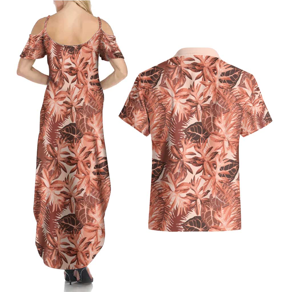 Hawaii Red Brown Tropical Leaves Couples Matching Summer Maxi Dress and Hawaiian Shirt LT01 - Polynesian Pride