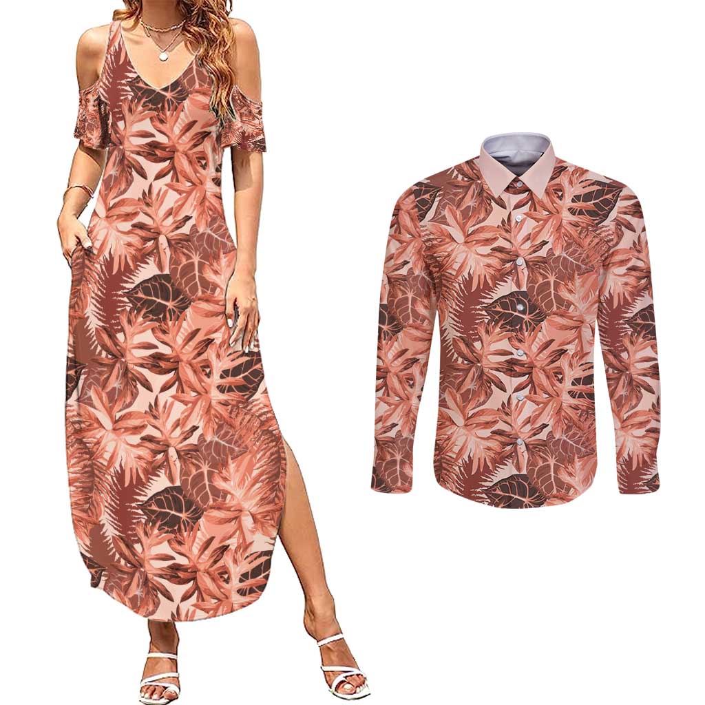 Hawaii Red Brown Tropical Leaves Couples Matching Summer Maxi Dress and Long Sleeve Button Shirt LT01 Brown - Polynesian Pride