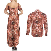 Hawaii Red Brown Tropical Leaves Couples Matching Summer Maxi Dress and Long Sleeve Button Shirt LT01 - Polynesian Pride