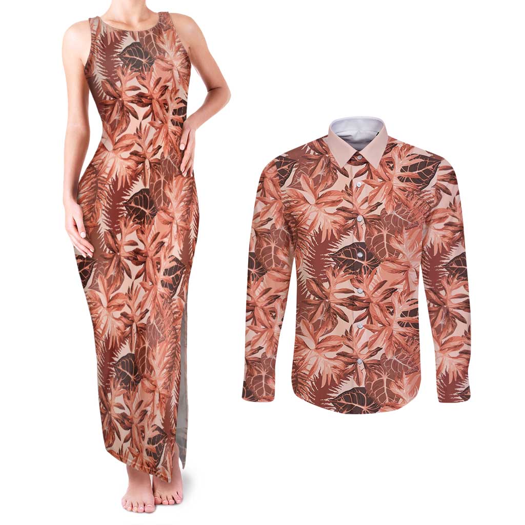 Hawaii Red Brown Tropical Leaves Couples Matching Tank Maxi Dress and Long Sleeve Button Shirt LT01 Brown - Polynesian Pride