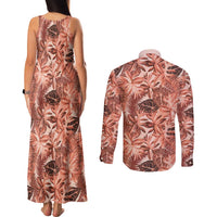 Hawaii Red Brown Tropical Leaves Couples Matching Tank Maxi Dress and Long Sleeve Button Shirt LT01 - Polynesian Pride