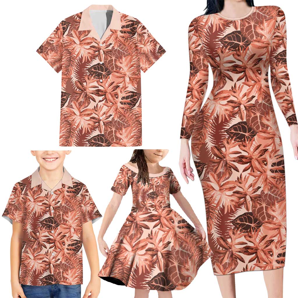 Hawaii Red Brown Tropical Leaves Family Matching Long Sleeve Bodycon Dress and Hawaiian Shirt LT01 - Polynesian Pride