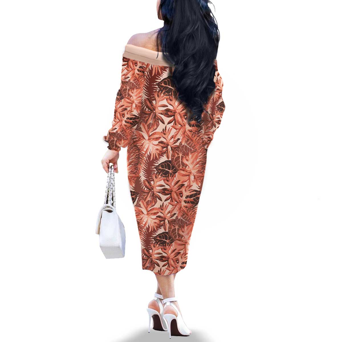Hawaii Red Brown Tropical Leaves Family Matching Off The Shoulder Long Sleeve Dress and Hawaiian Shirt - Polynesian Pride