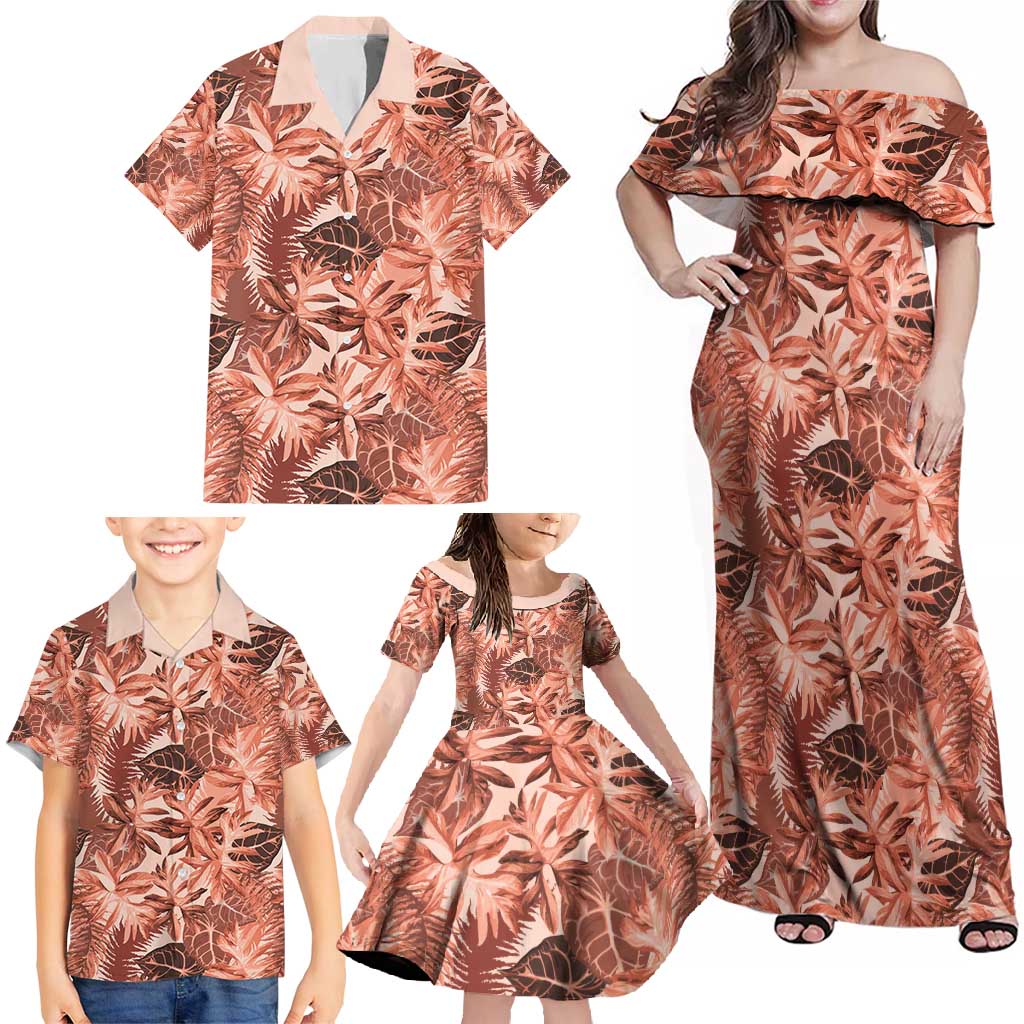 Hawaii Red Brown Tropical Leaves Family Matching Off Shoulder Maxi Dress and Hawaiian Shirt LT01 - Polynesian Pride