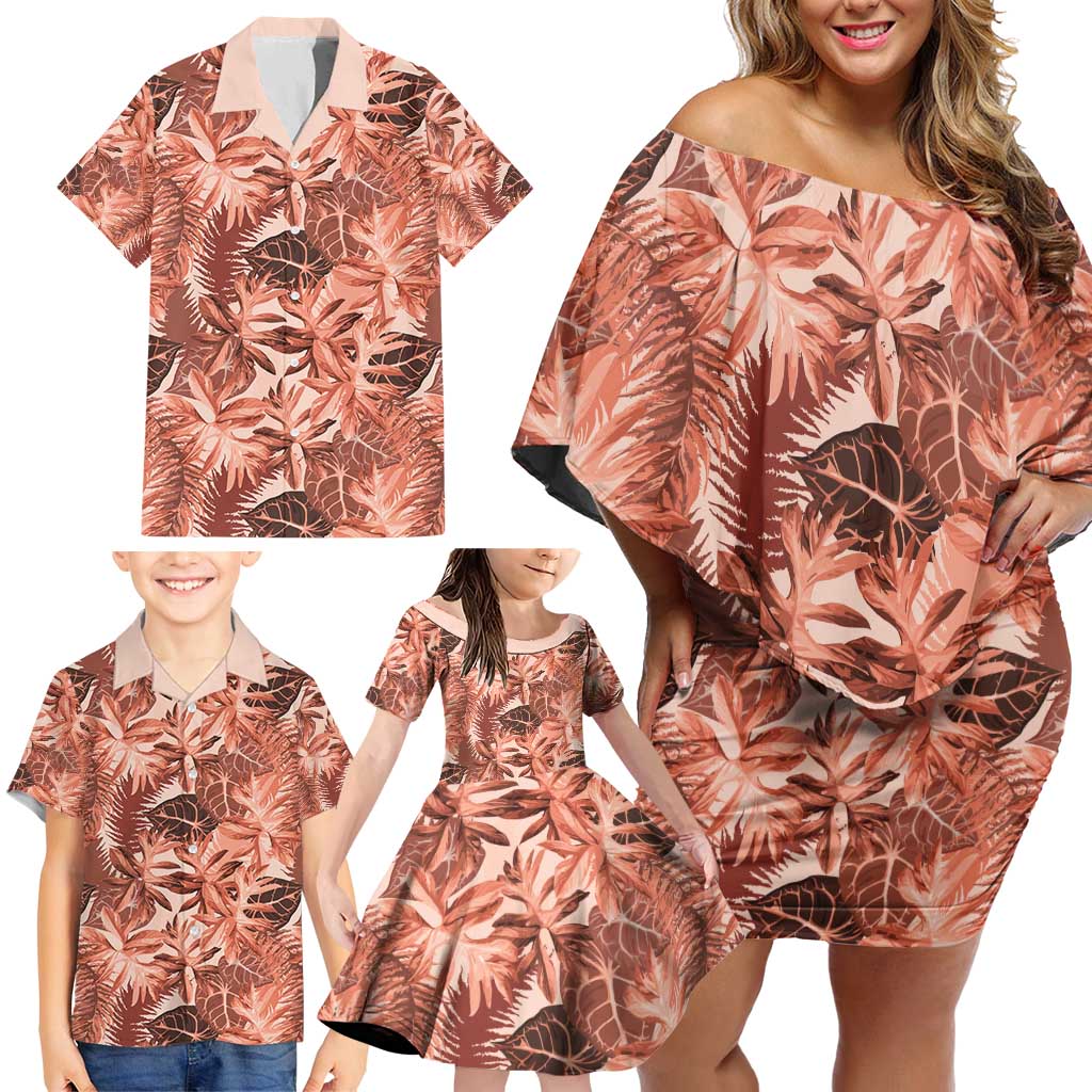 Hawaii Red Brown Tropical Leaves Family Matching Off Shoulder Short Dress and Hawaiian Shirt LT01 - Polynesian Pride