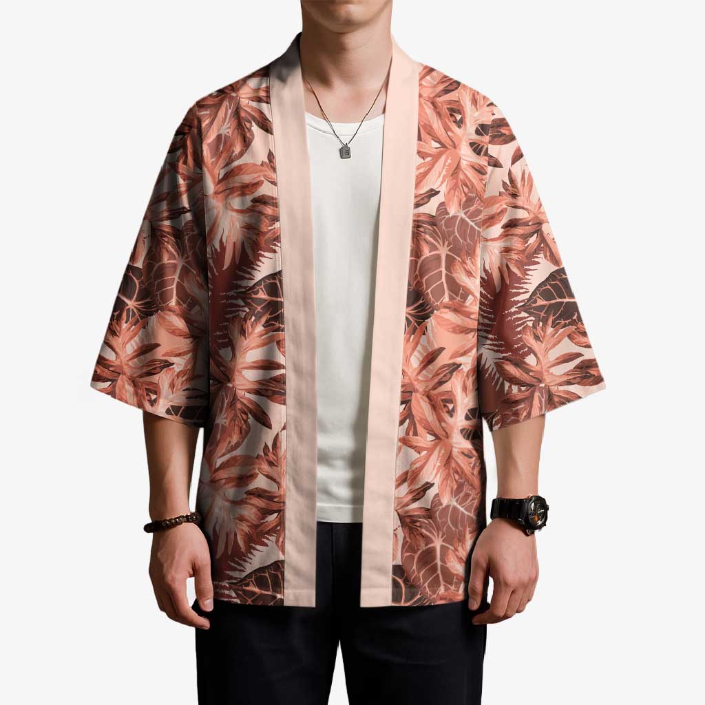 Hawaii Red Brown Tropical Leaves Kimono - Polynesian Pride