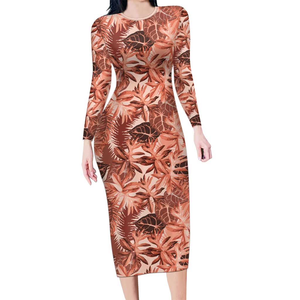 Hawaii Red Brown Tropical Leaves Long Sleeve Bodycon Dress - Polynesian Pride