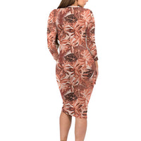 Hawaii Red Brown Tropical Leaves Long Sleeve Bodycon Dress - Polynesian Pride