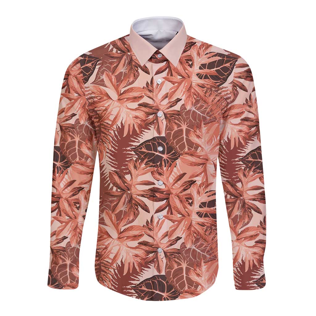 Hawaii Red Brown Tropical Leaves Long Sleeve Button Shirt LT01 Unisex Brown - Polynesian Pride